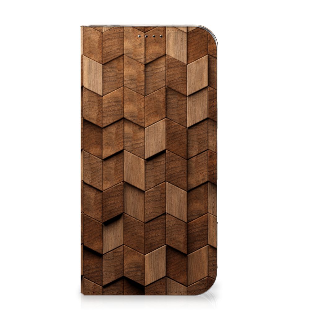 Book Wallet Case voor iPhone 16 Plus Wooden Cubes houten hoesje vooraanzicht