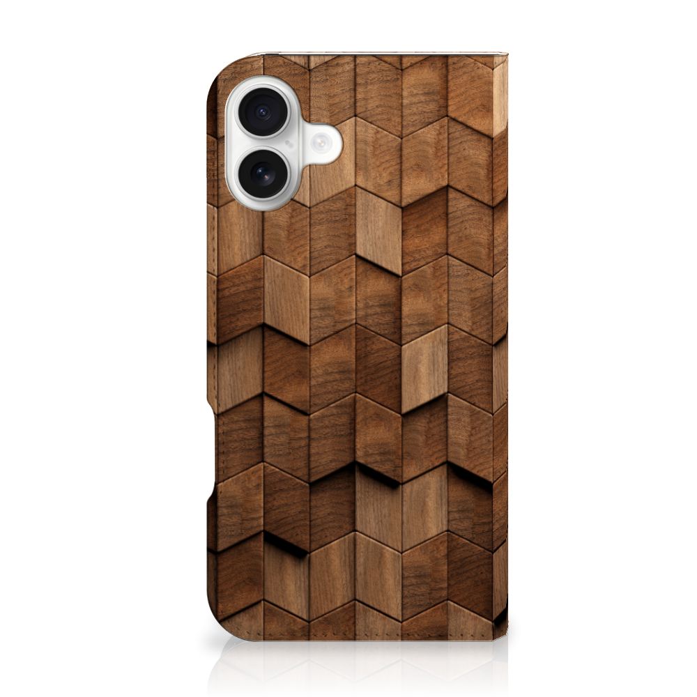 iPhone 16 Plus Book Wallet Case voor iPhone 16 Plus Wooden Cubes houten print zijaanzicht