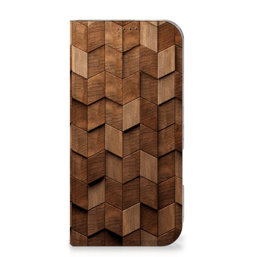 Book Wallet Case voor iPhone 16 Pro Max Wooden Cubes design houten kubussen aanzicht