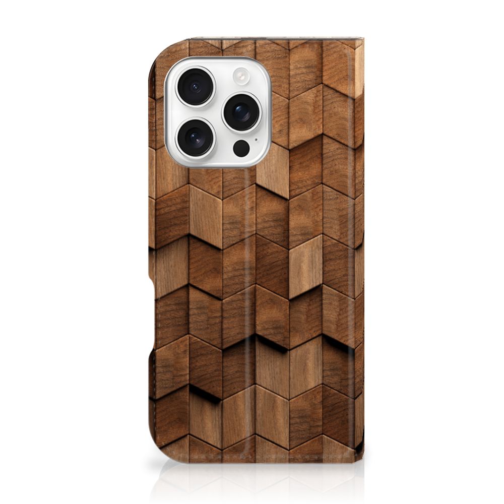 Book Wallet Case voor iPhone 16 Pro Wooden Cubes houten hoesje zijkant
