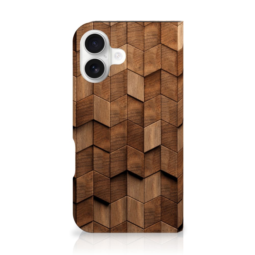iPhone 16 Book Wallet Case voor iPhone 16 Wooden Cubes achteraanzicht houten design