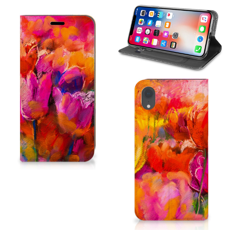 Bookcase Apple iPhone Xr Tulips met kleurrijke tulpen en standaardfunctie voor veelzijdig gebruik 🌷.