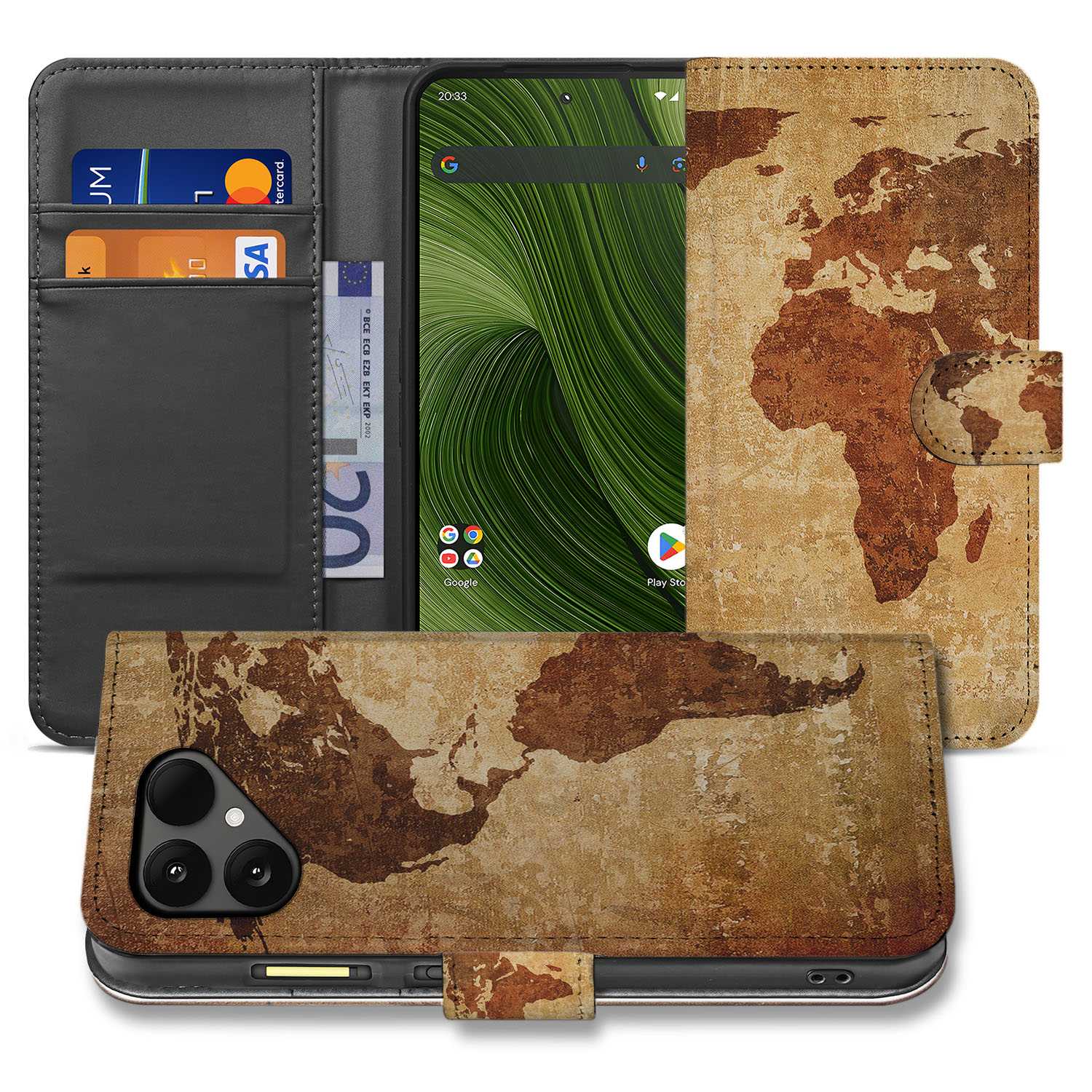 Fairphone 6 Bookcase Fairphone 6 Wereldkaart Met Pasjes design wereldkaart bruin