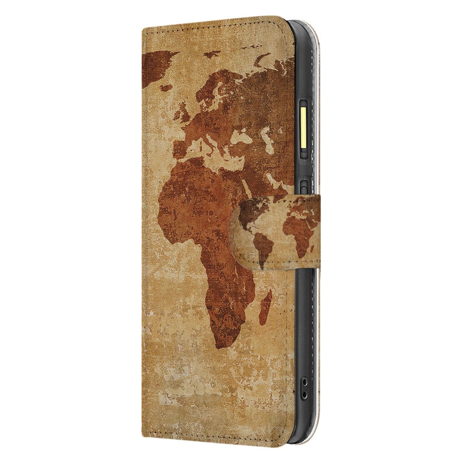 Fairphone 6 Bookcase Wereldkaart Met Pasjes bruin ontwerp zijaanzicht