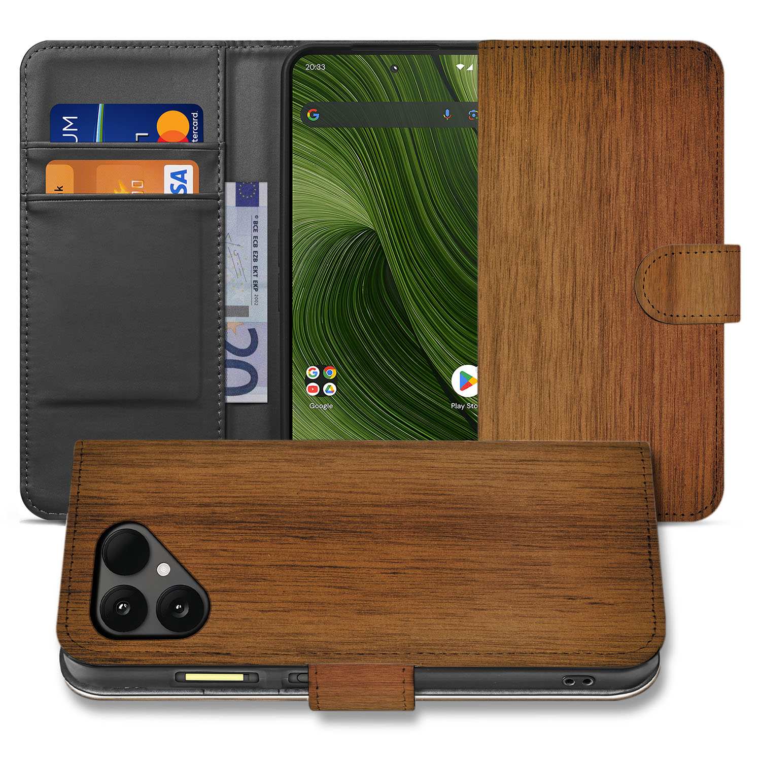 Bookcase Hoesje Fairphone 6 Donker Hout Ontwerp Met Pasjeshouder En Sterke Bescherming voorzijde en achterzijde