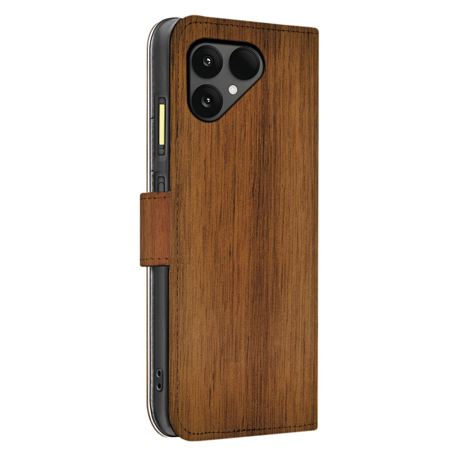 Bookcase Hoesje Fairphone 6 Donker Hout Ontwerp Met Pasjeshouder En Sterke Bescherming zijkant