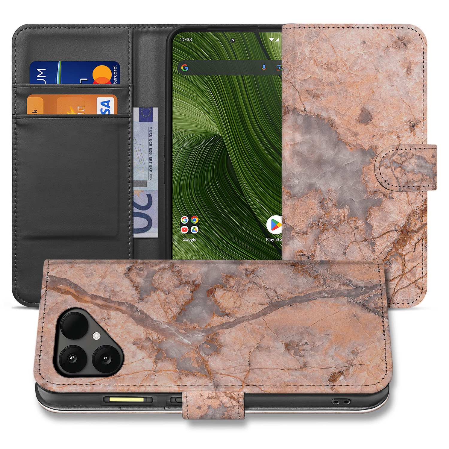 Bookcase Hoesje Fairphone 6 Marmer Oranje Met Pasjes design marmer aanzicht