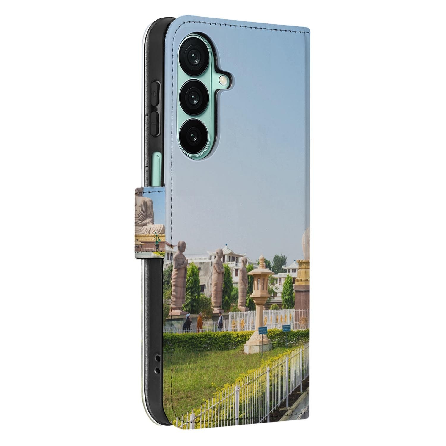 Samsung Galaxy A27 bookcase Boeddha, detail van het stiksel