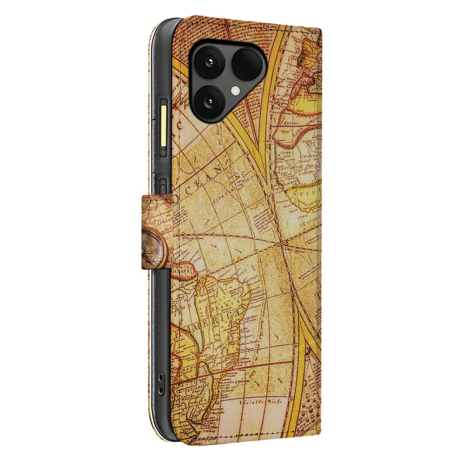 Fairphone 6 Bookcase Hoesje Kompas Design Geel Oranje Zijaanzicht