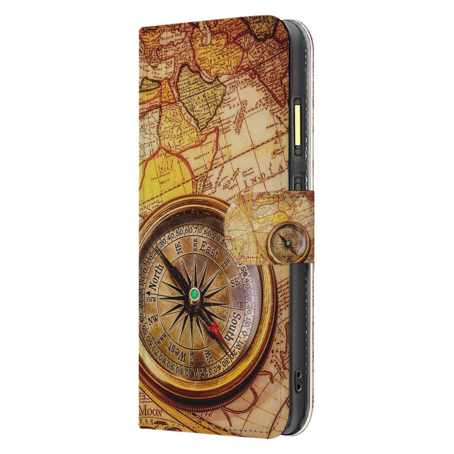 Fairphone 6 Bookcase Hoesje voor Fairphone 6 met Kompas Design in Geel en Oranje Magnetische Sluiting zijaanzicht