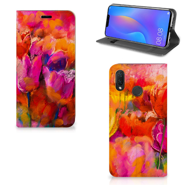 Bookcase Huawei P Smart Plus Tulips voorkant zijkant