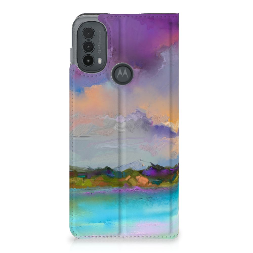 Bookcase Motorola Moto E20 Boat abstract schilderij kleur blauw paars aanzicht