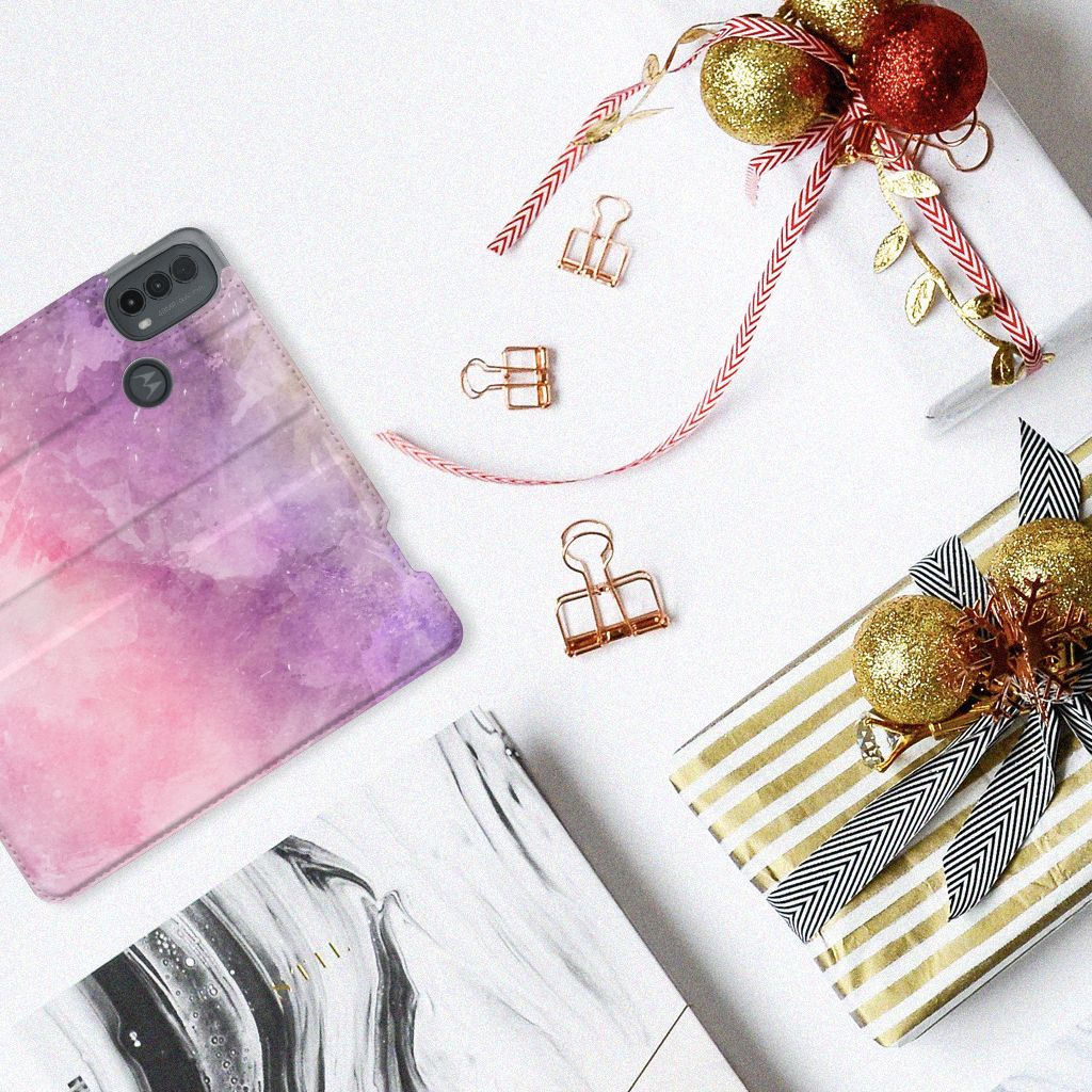 Bookcase Motorola Moto E20 Pink Purple Paint hoesje design roze paarse verf bovenaanzicht
