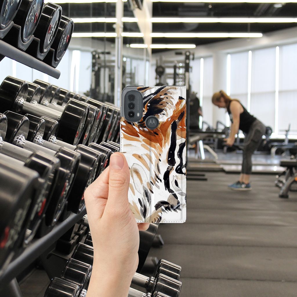 Bookcase Motorola Moto E20 Watercolor Tiger hand fitness ruimte halterbank