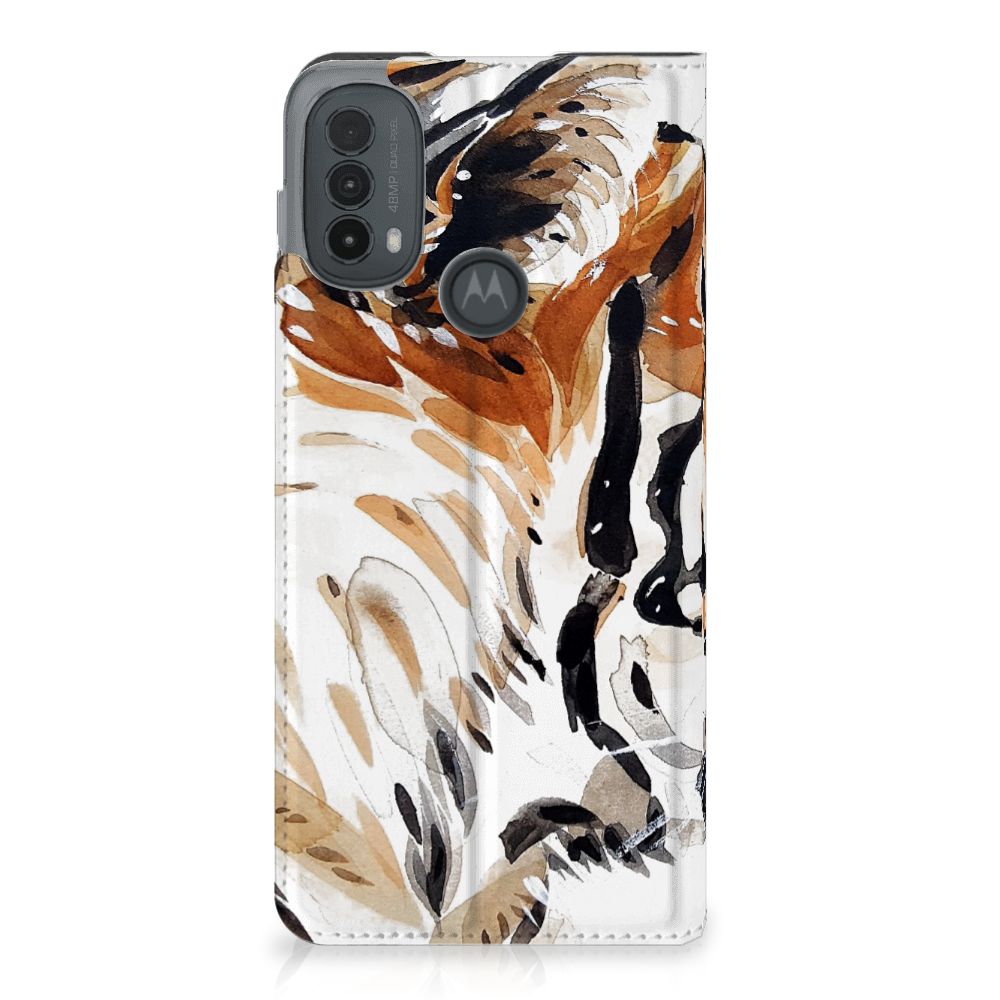 Bookcase Motorola Moto E20 Watercolor Tiger stand case tijger voorkant