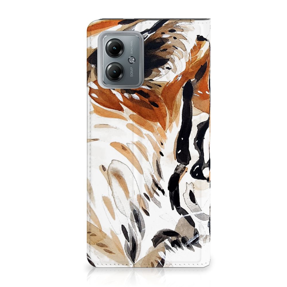 Bookcase Motorola Moto G14 Watercolor Tiger met kleurrijke tijgerprint, perfect als cadeau 🎁 voor bescherming en stijl.