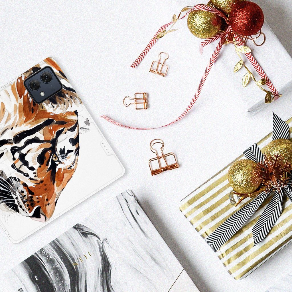 Bookcase Motorola Moto G84 Watercolor Tiger bovenaanzicht met tijger ontwerp