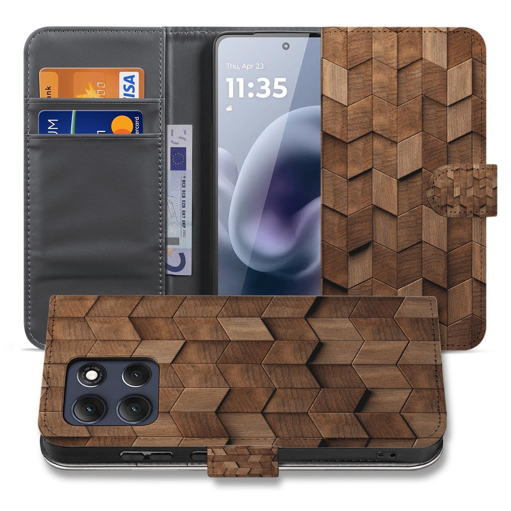Motorola Moto G86 Bookcase Bruin Houtprint Vooraanzicht.