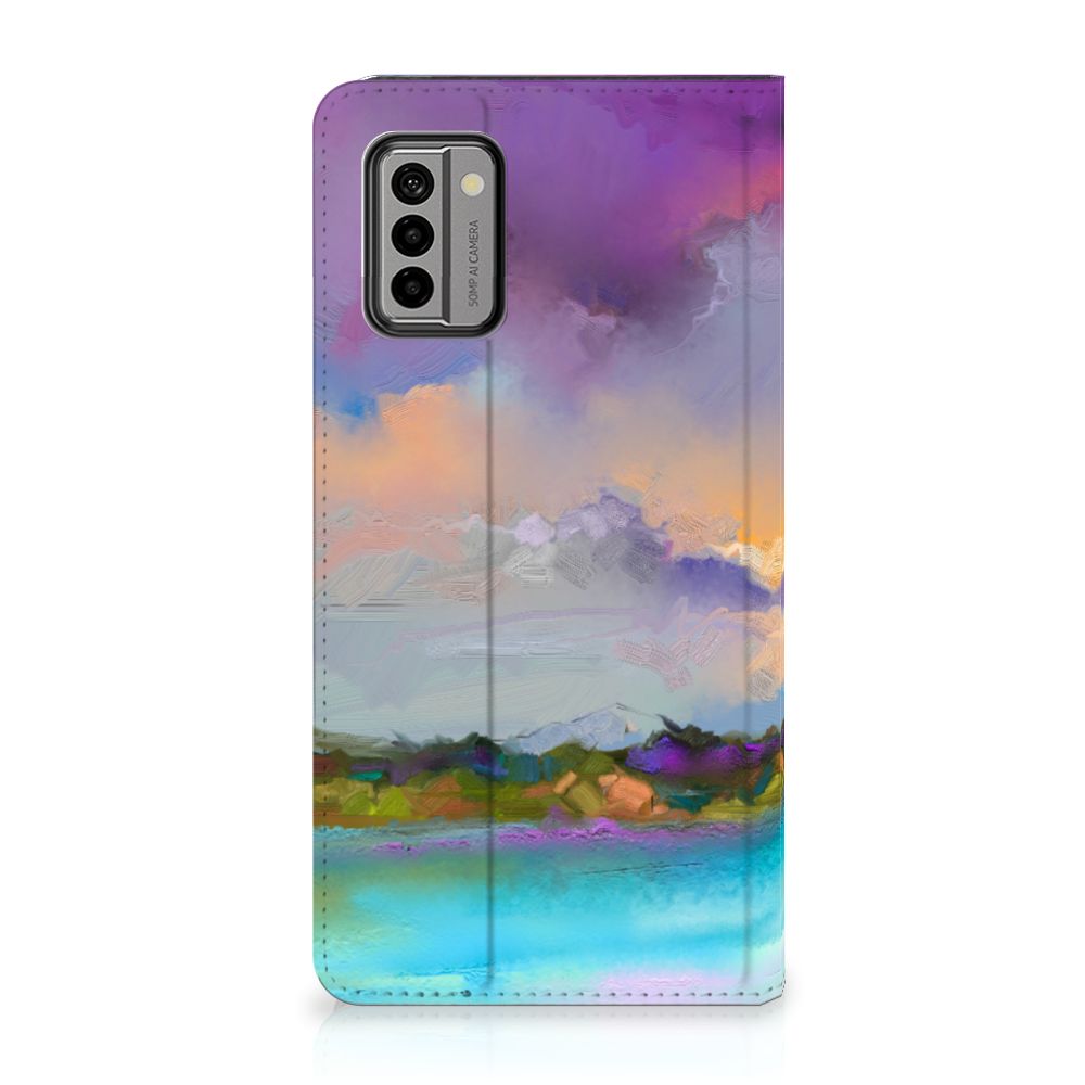 Bookcase Nokia G22 Boat met kleurrijk abstract ontwerp van een landschap 🌅 met uitstekende bescherming en gebruiksgemak.