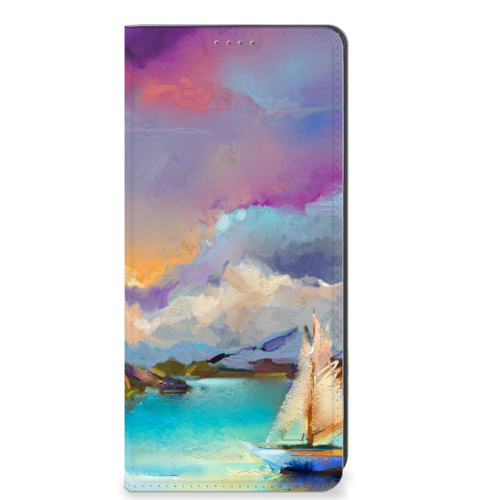 Bookcase OPPO A78 | A58 5G Boat abstract schilderij bootje meer blauw paars