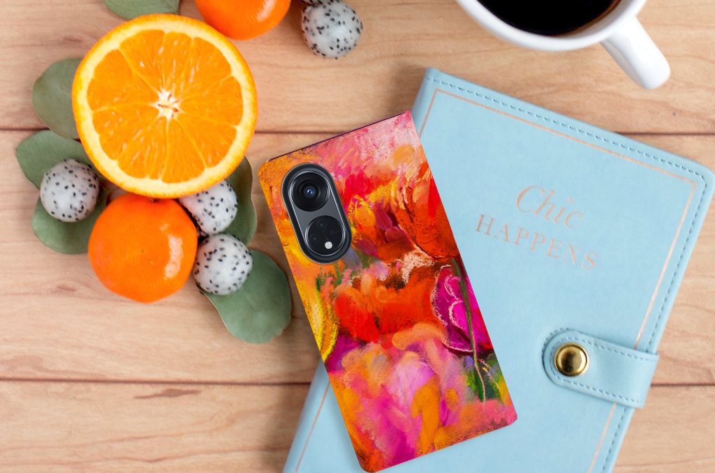 Bookcase OPPO Reno8 T 5G Tulips design achterkant