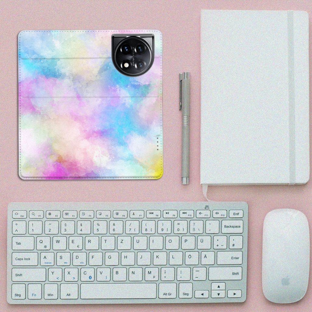 OnePlus 11 Bookcase Watercolor Light voorkant met toetsenbord en muis