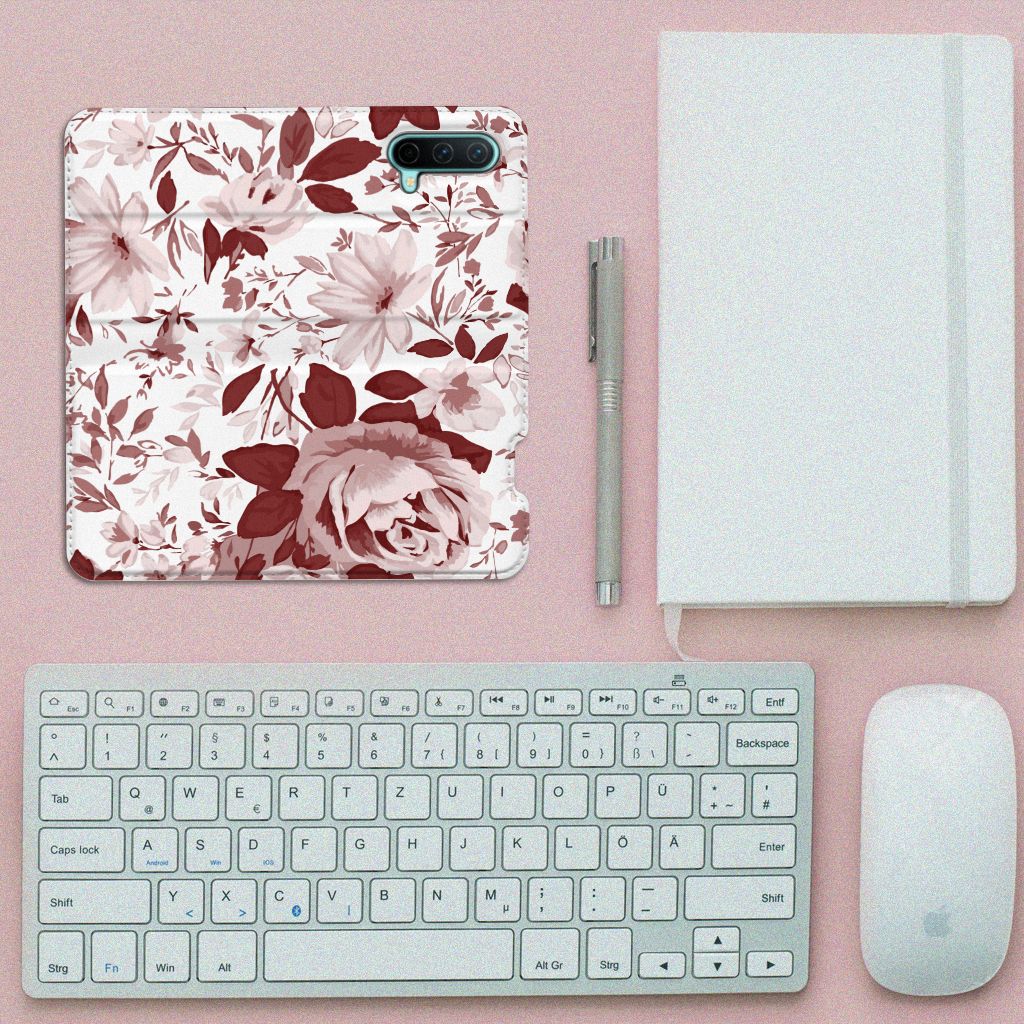 OnePlus Nord CE 5G Bookcase Watercolor Flowers bovenaanzicht toetsenbord muismat notitieboek