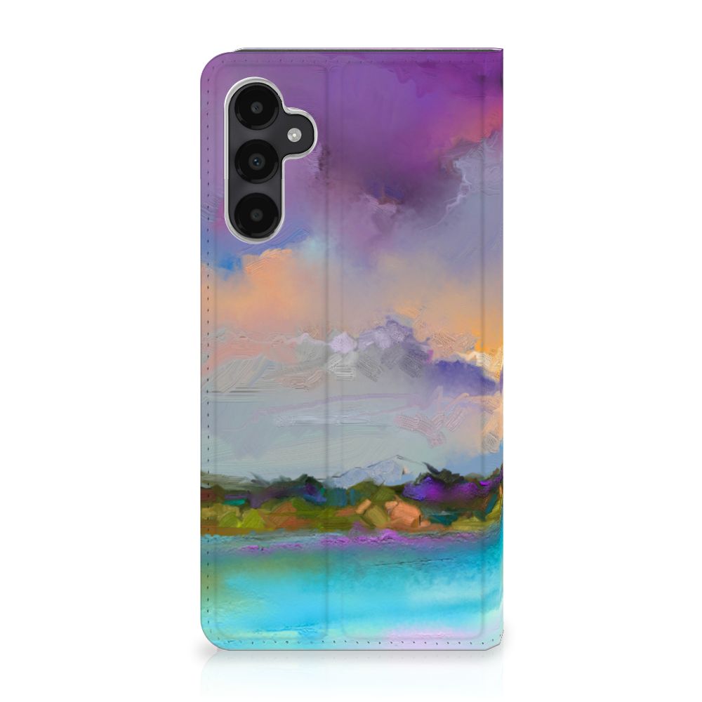 Bookcase Samsung Galaxy A05s Boat abstract schilderij bootje meer blauwe paarse tinten