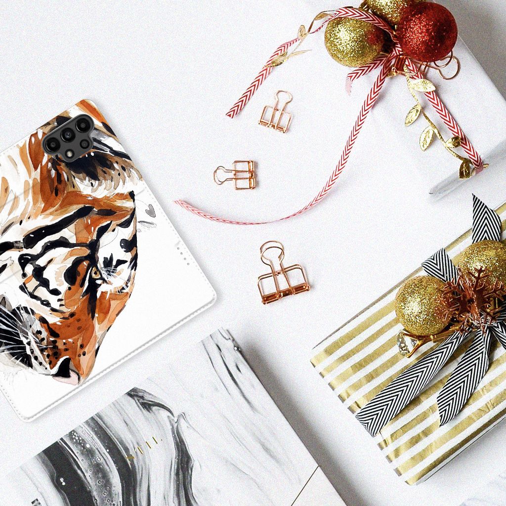 Bookcase Samsung Galaxy A13 (4G) Watercolor Tiger bovenaanzicht
