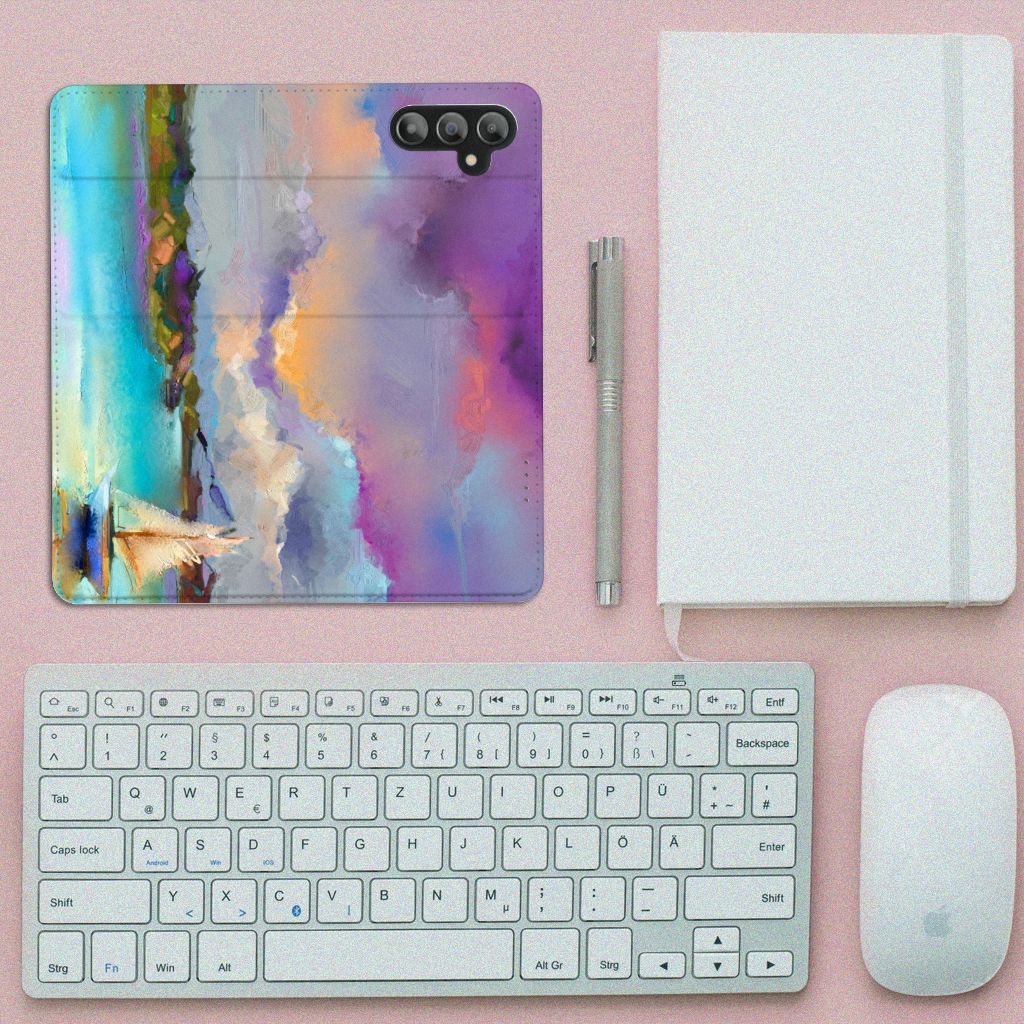 Bookcase Samsung Galaxy A14 4G Boat design with colorful abstract art on a desk layout
