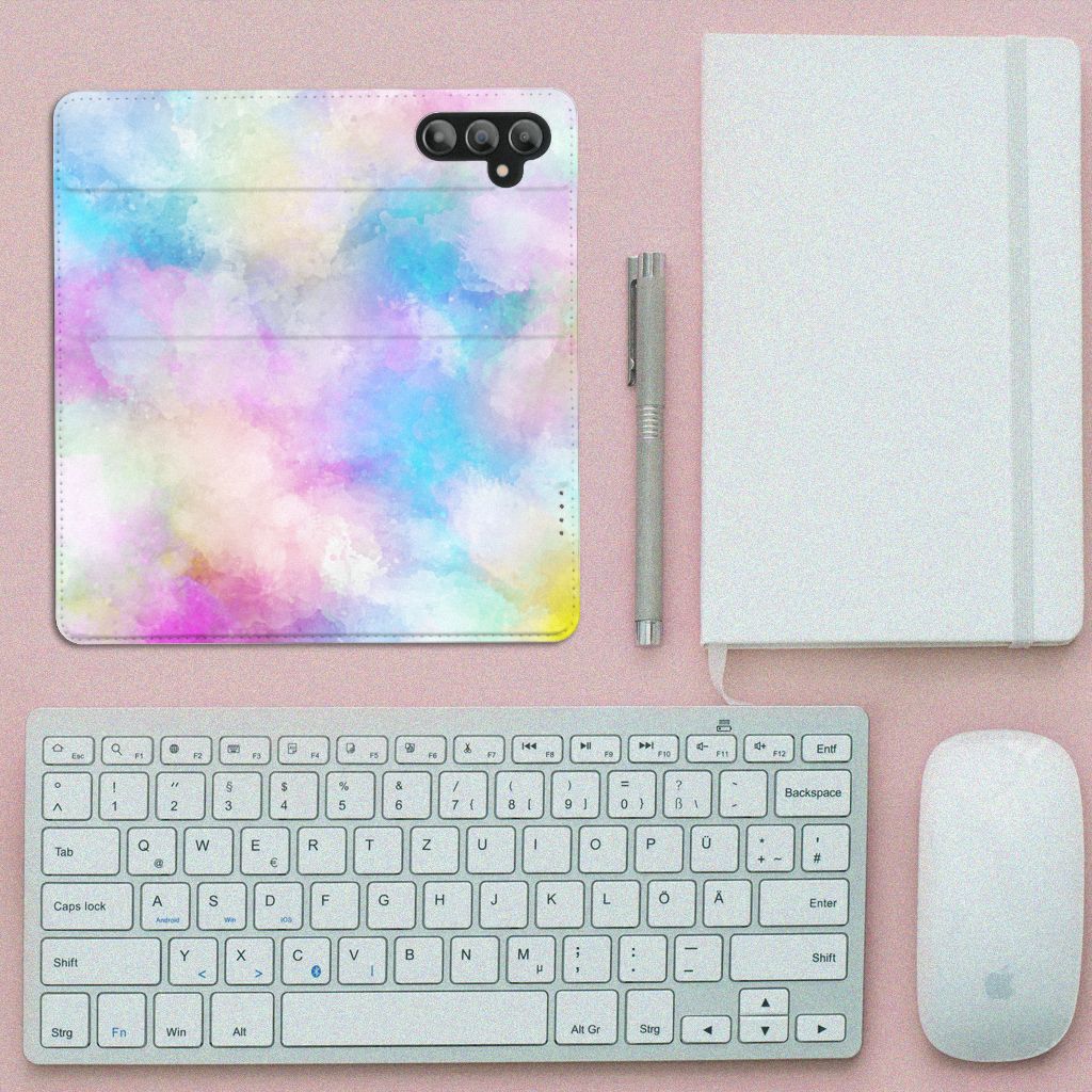 Bookcase Samsung Galaxy A14 4G Watercolor Light design displayed on a flatlay with keyboard and notebook.