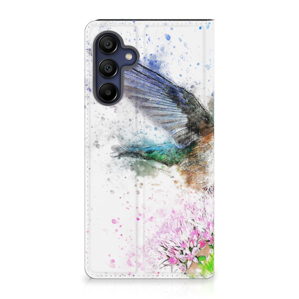 Bookcase Samsung Galaxy A15 Vogel design kleurrijke vogels bloemen bovenaanzicht