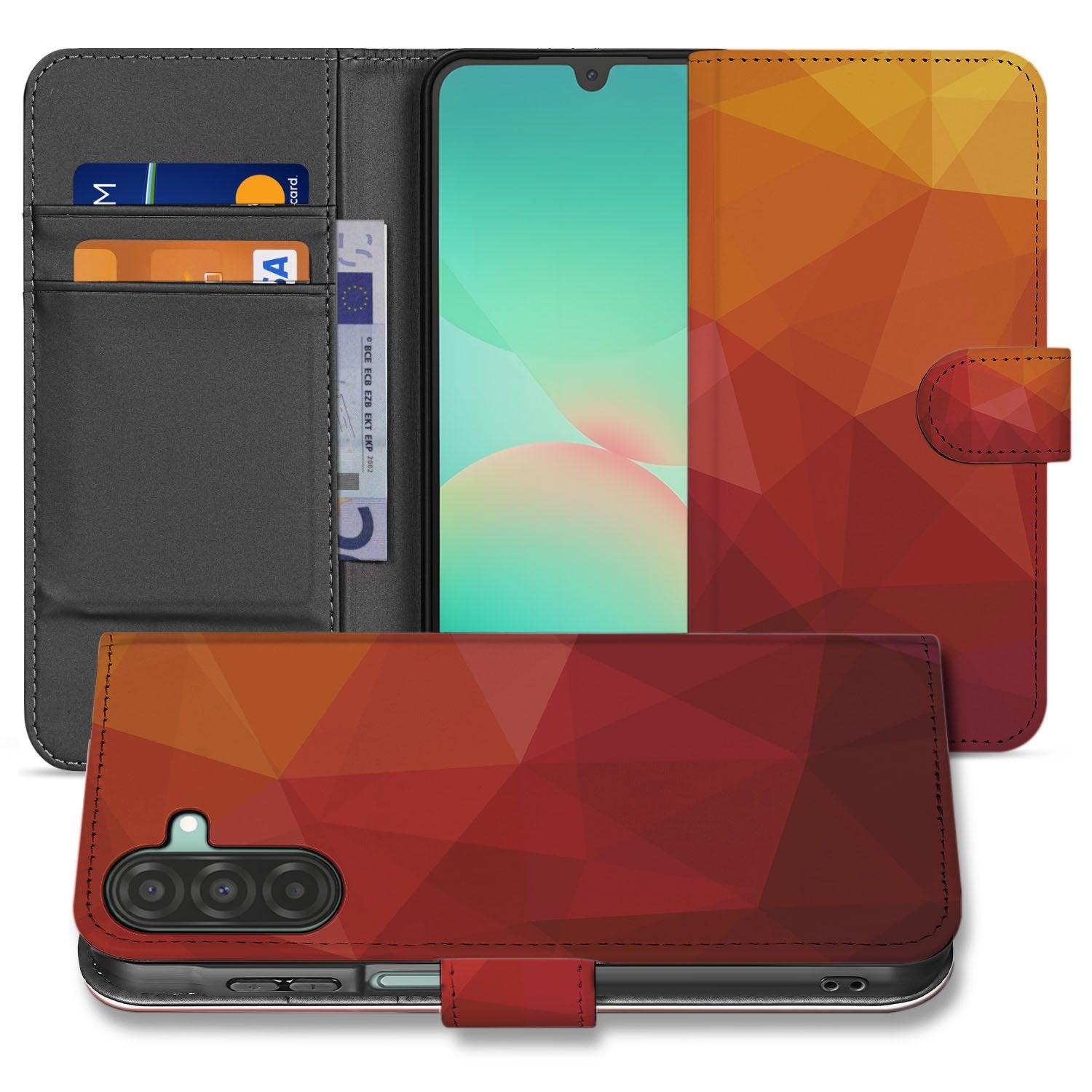 Bookcase Samsung Galaxy A17 Polygon Rood PU Leer 3 Pasjes voorzijde achterkant