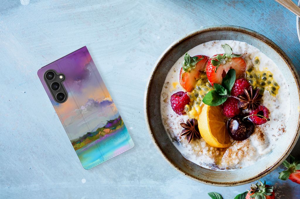 Samsung Galaxy S23 FE Bookcase Boat design smartphone met abstract landschap bij ontbijt met fruit