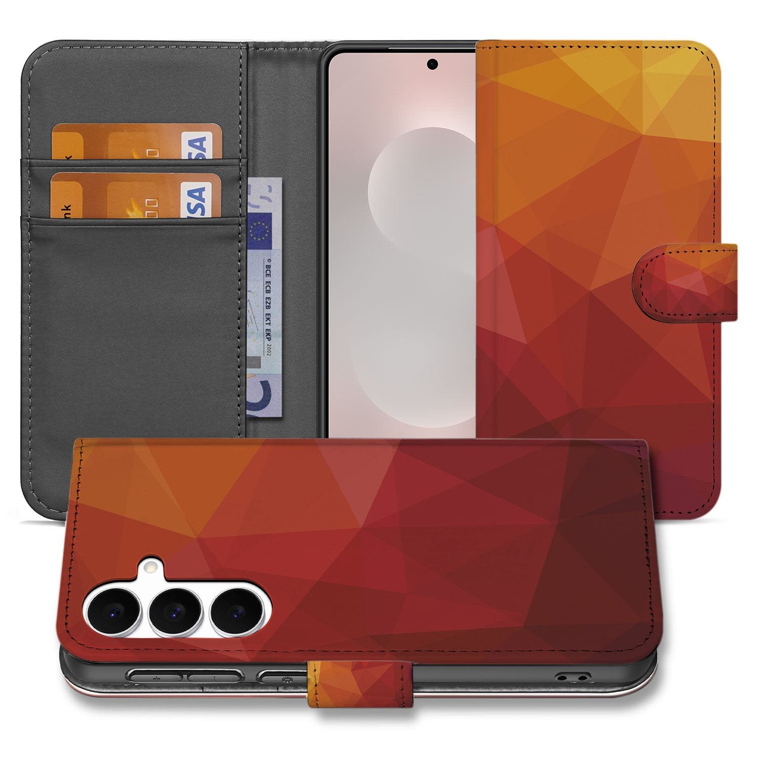 Bookcase Samsung Galaxy S25 FE Polygon Rood PU Leer 3 Pasjes voorkant achterkant