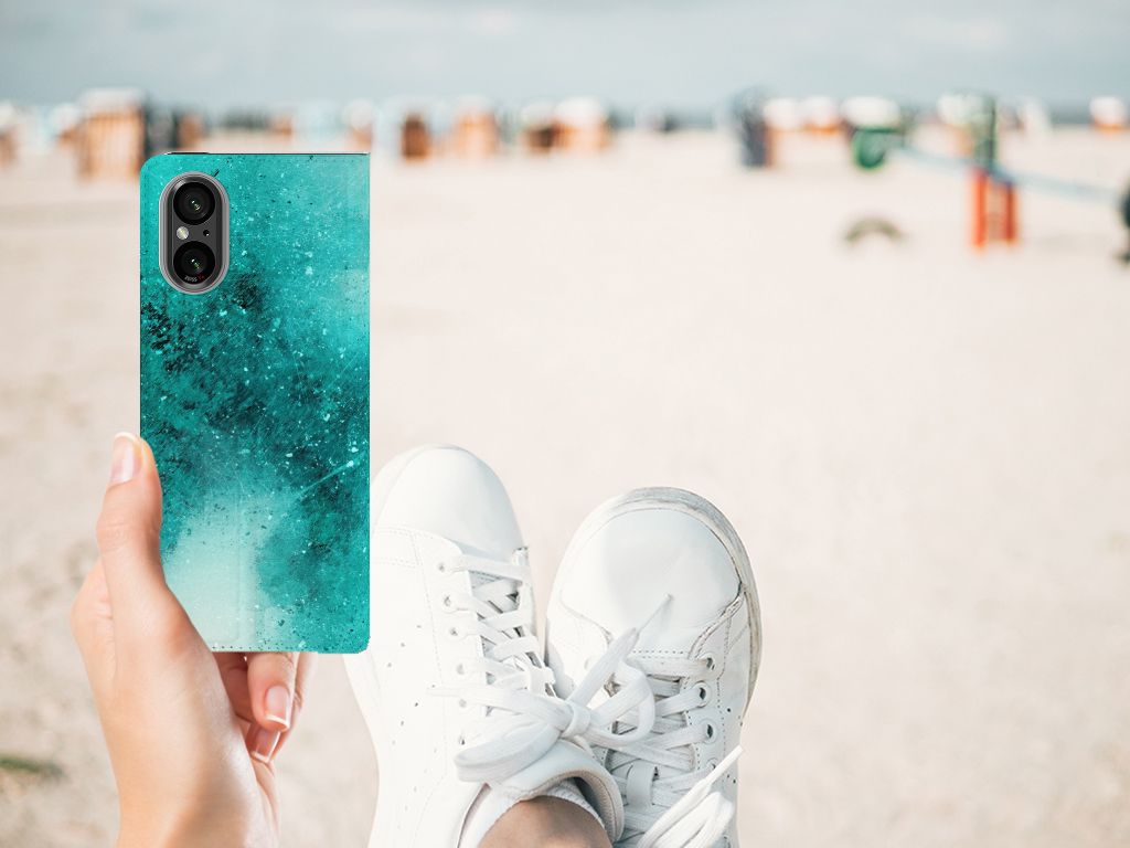 Bookcase Sony Xperia 5 V Painting Blue telefoonhoesje turquoise strand