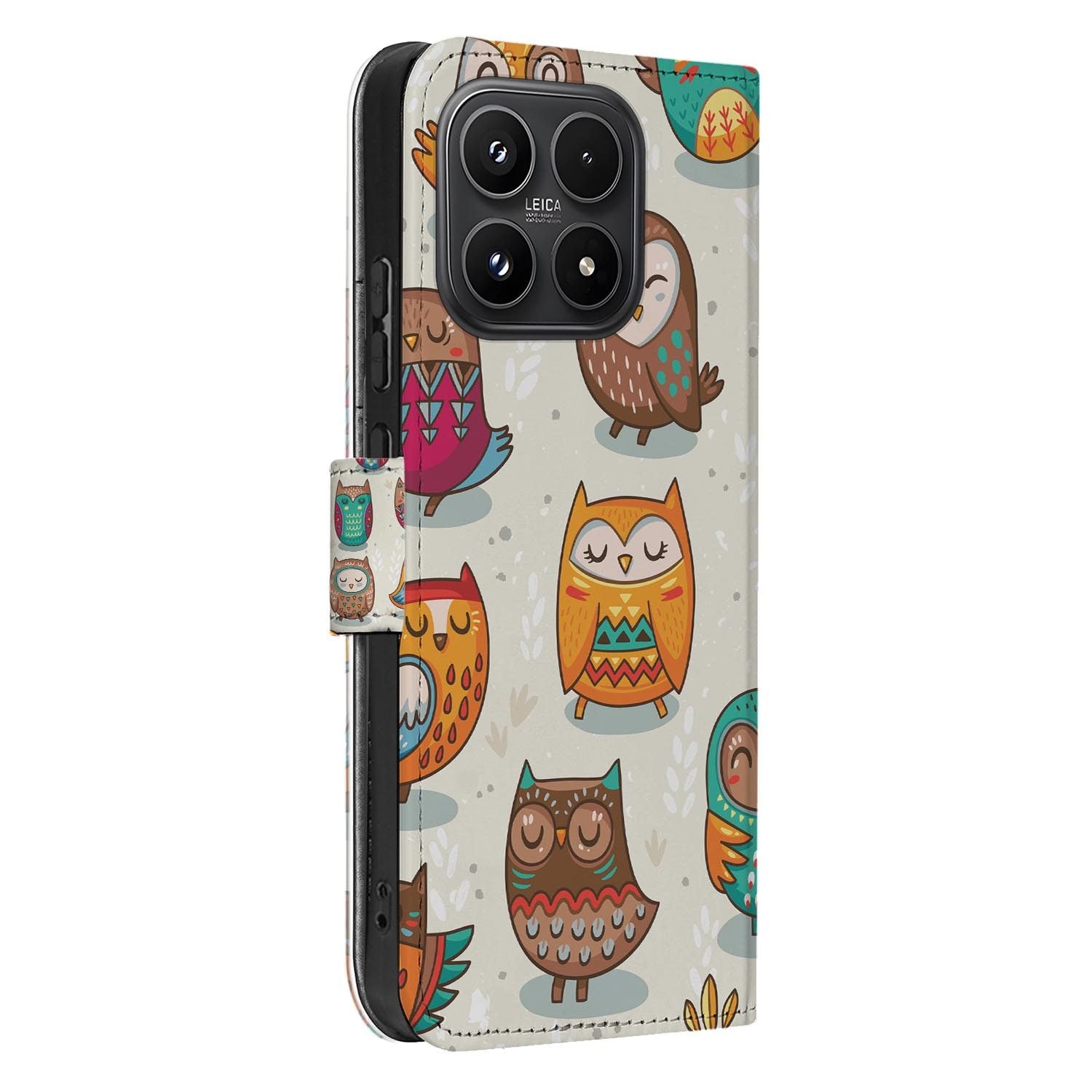 Xiaomi 17 bookcase Vrolijke Uilen, zijkant met knopuitsparingen