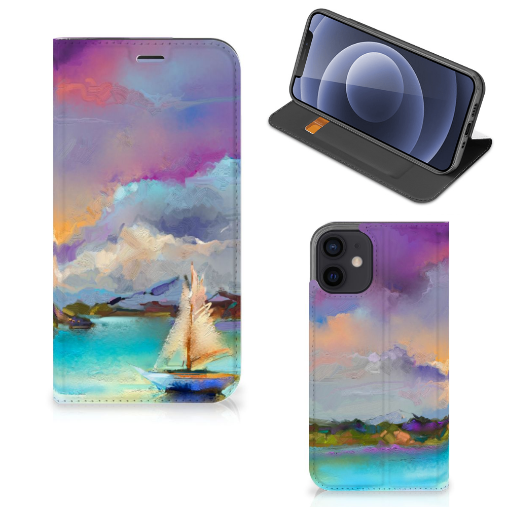 Bookcase iPhone 12 Mini Boat hoesje boot meer abstract ontwerp
