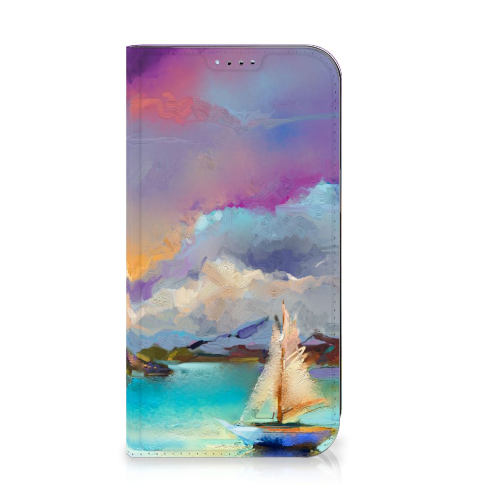 Bookcase iPhone 15 Boat met abstract ontwerp van een zeilboot op een kleurrijke achtergrond 🎨