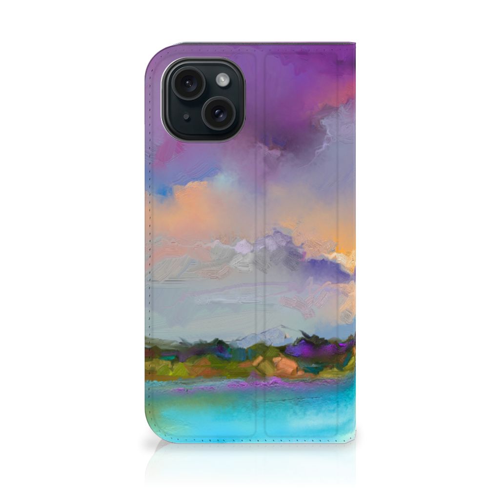 Bookcase iPhone 15 Boat met abstract bootontwerp in blauw en paars, prachtig kunstzinnig hoesje. 🎨