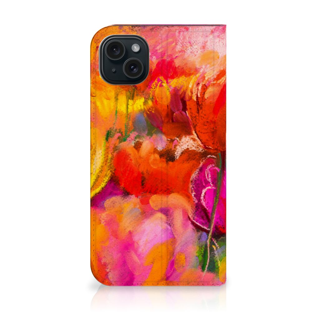 Bookcase iPhone 15 Plus Tulips met kleurrijk tulpen ontwerp 🌷.