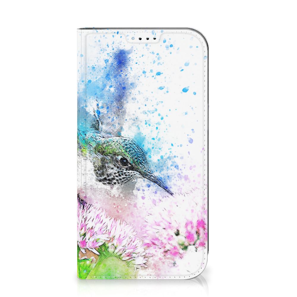 Bookcase iPhone 15 Vogel met een kleurrijke vogel afbeelding op een bloem achtergrond 🌼.