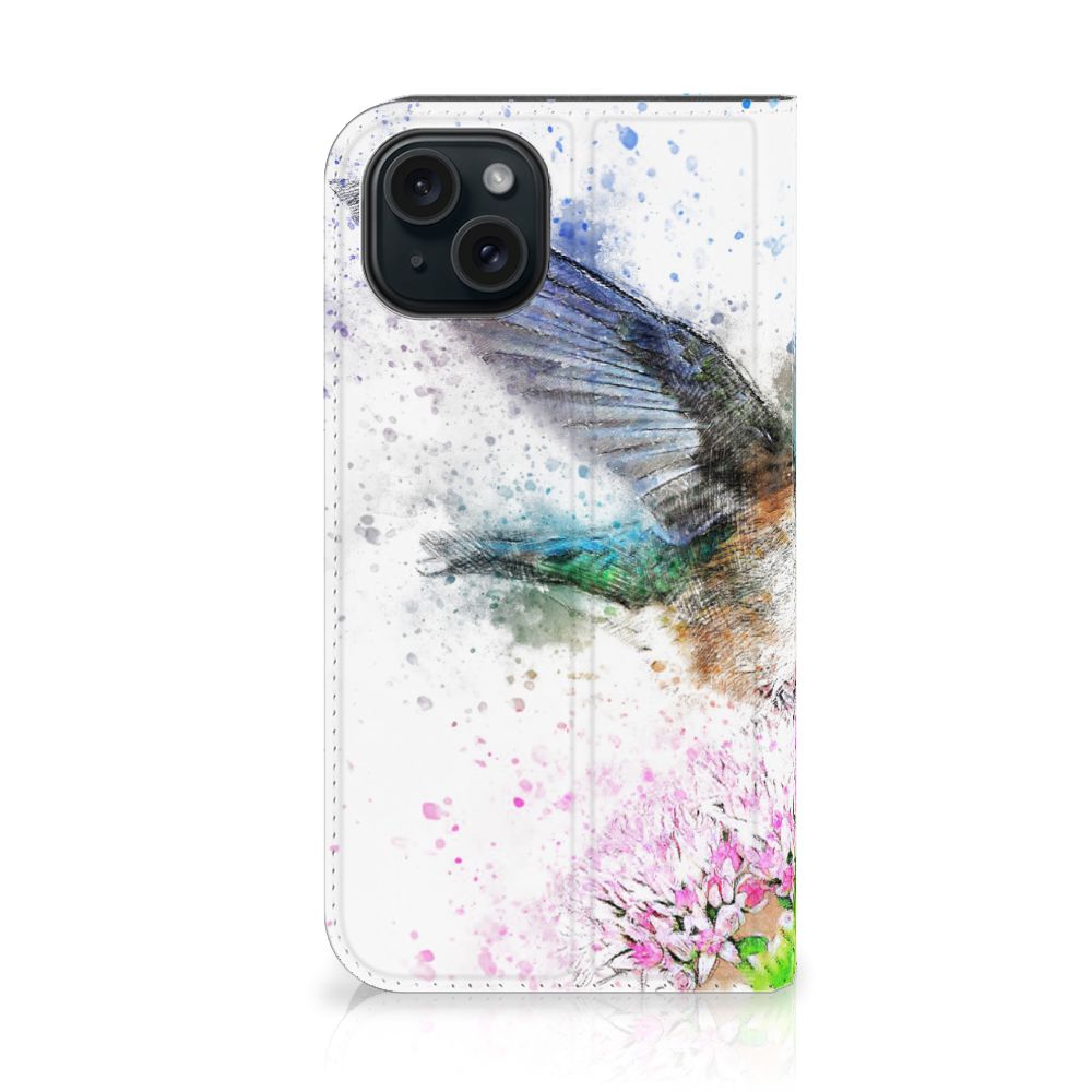 Bookcase iPhone 15 Vogel met prachtige vogelillustratie en kleurrijke bloem 🌸.