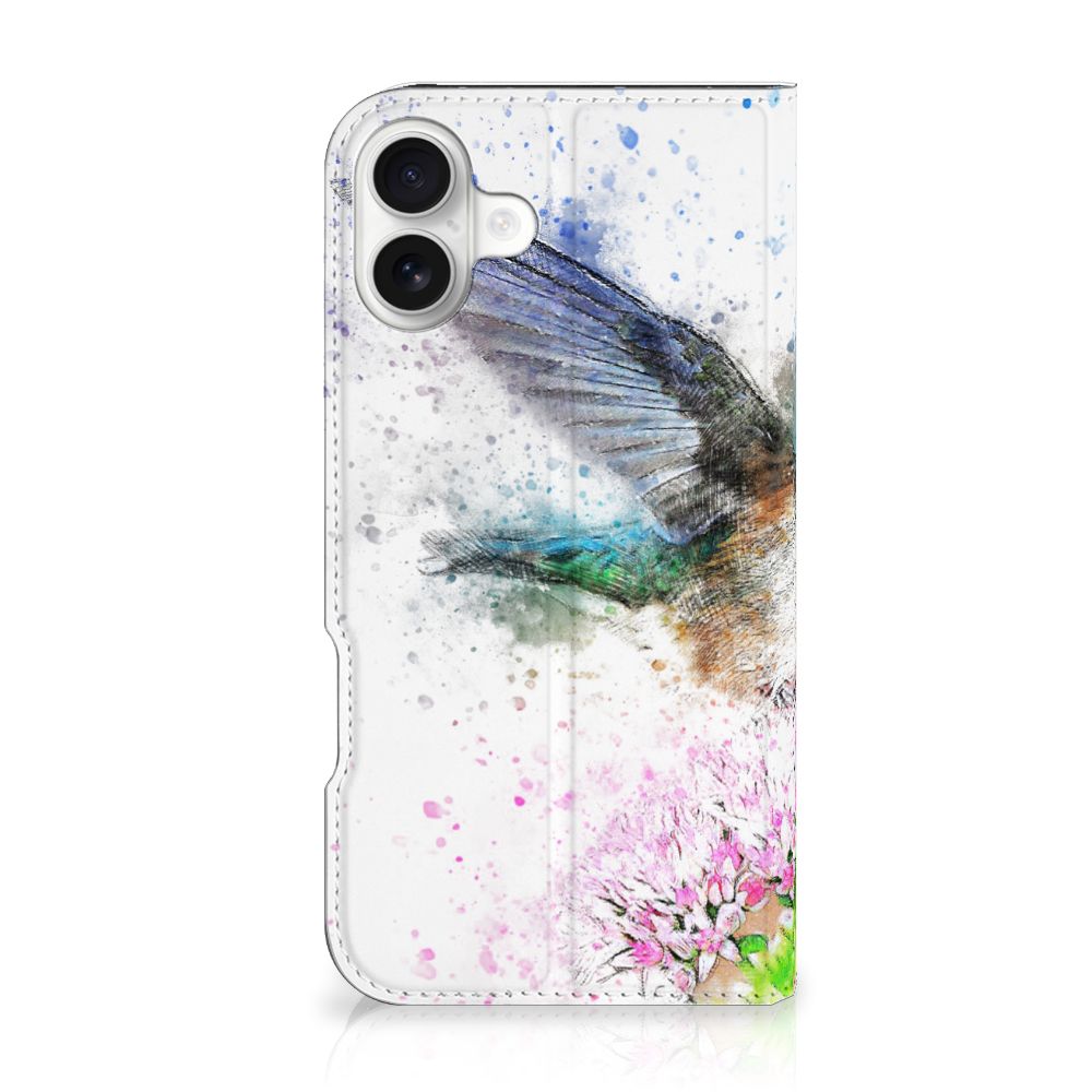 Bookcase iPhone 16 Plus Vogel design bloemensoort aanzicht