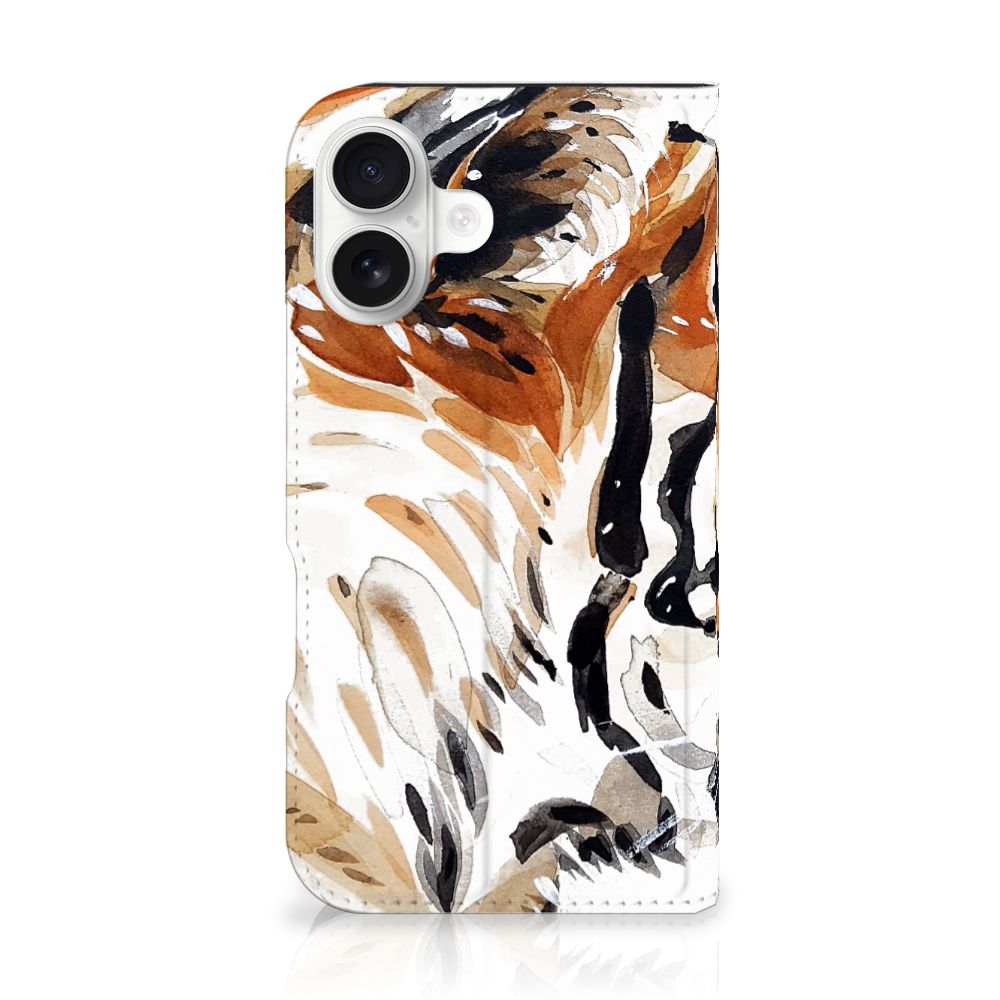 Bookcase iPhone 16 Watercolor Tiger stand case tijger ontwerp voorkant