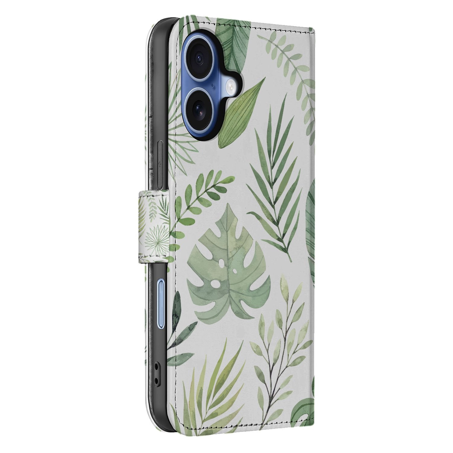 Bookcase iPhone 17 Leaves boek hoes met bladprint lichtgroen en wit zijkant