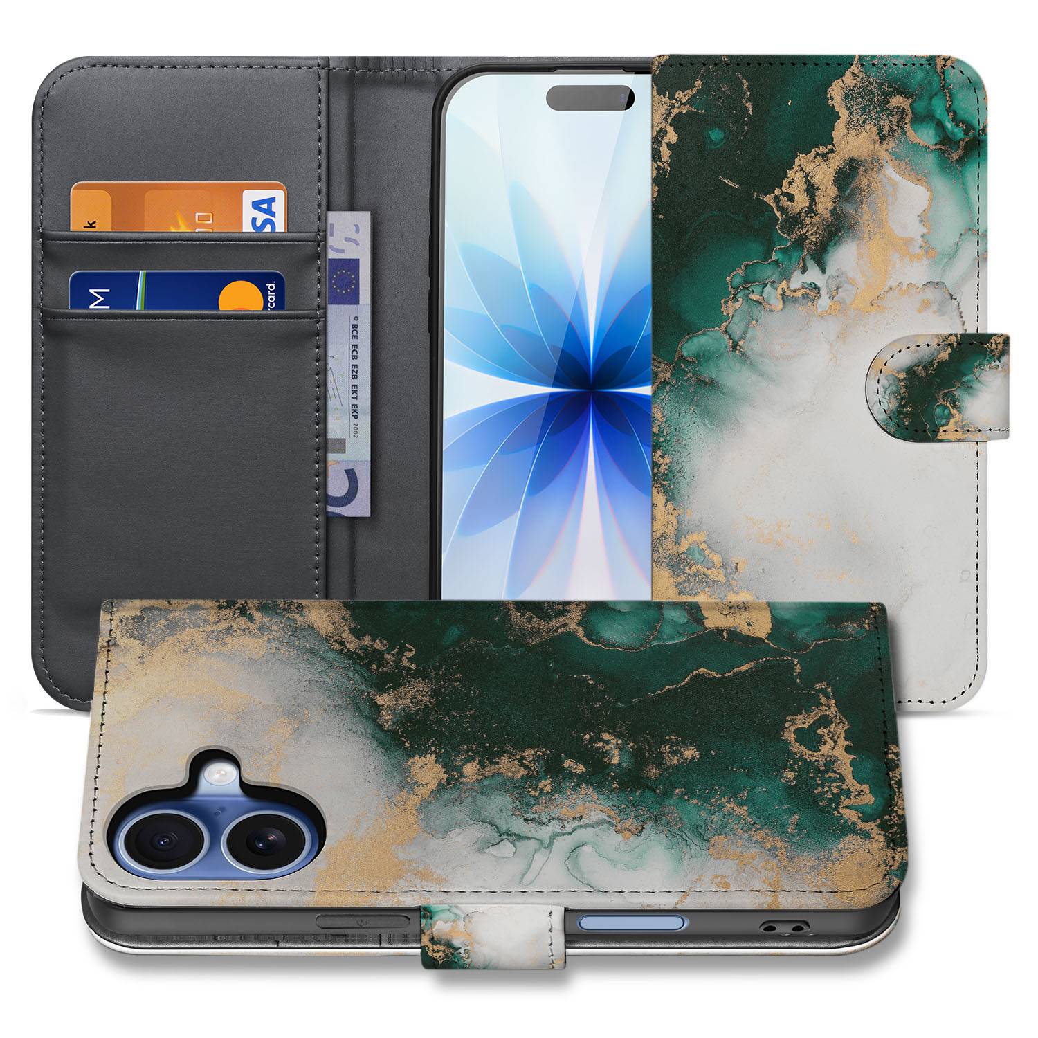 Bookcase iPhone 17 Marmer Groen PU Leer 3 Pasjes design marmer voorkant