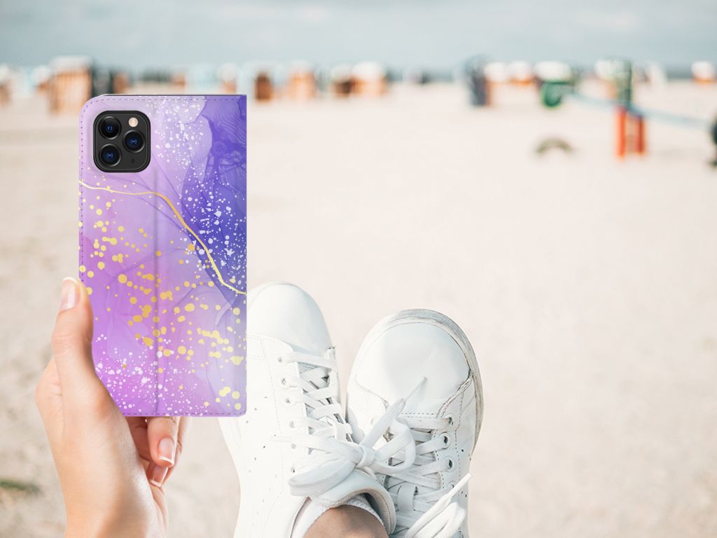 Bookcase voor Apple iPhone 11 Pro Max Watercolor Paars, trendy en stijlvol waterverf design. 🌊