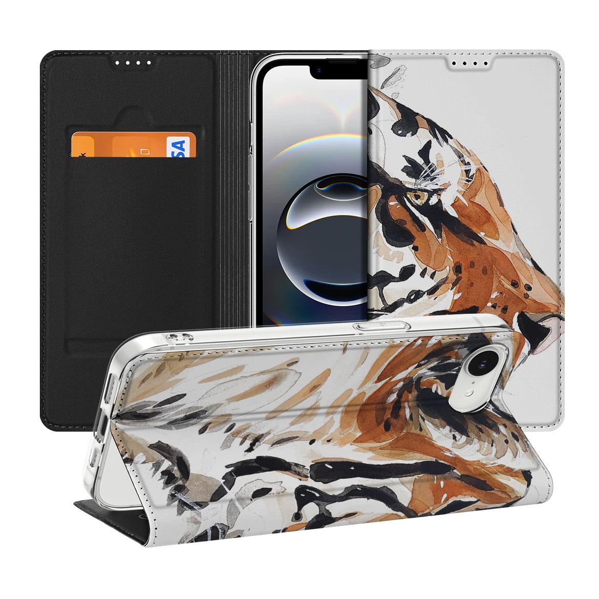 Apple iPhone 16e Bookcase voor Apple iPhone 16e Watercolor Tiger zij aanzicht