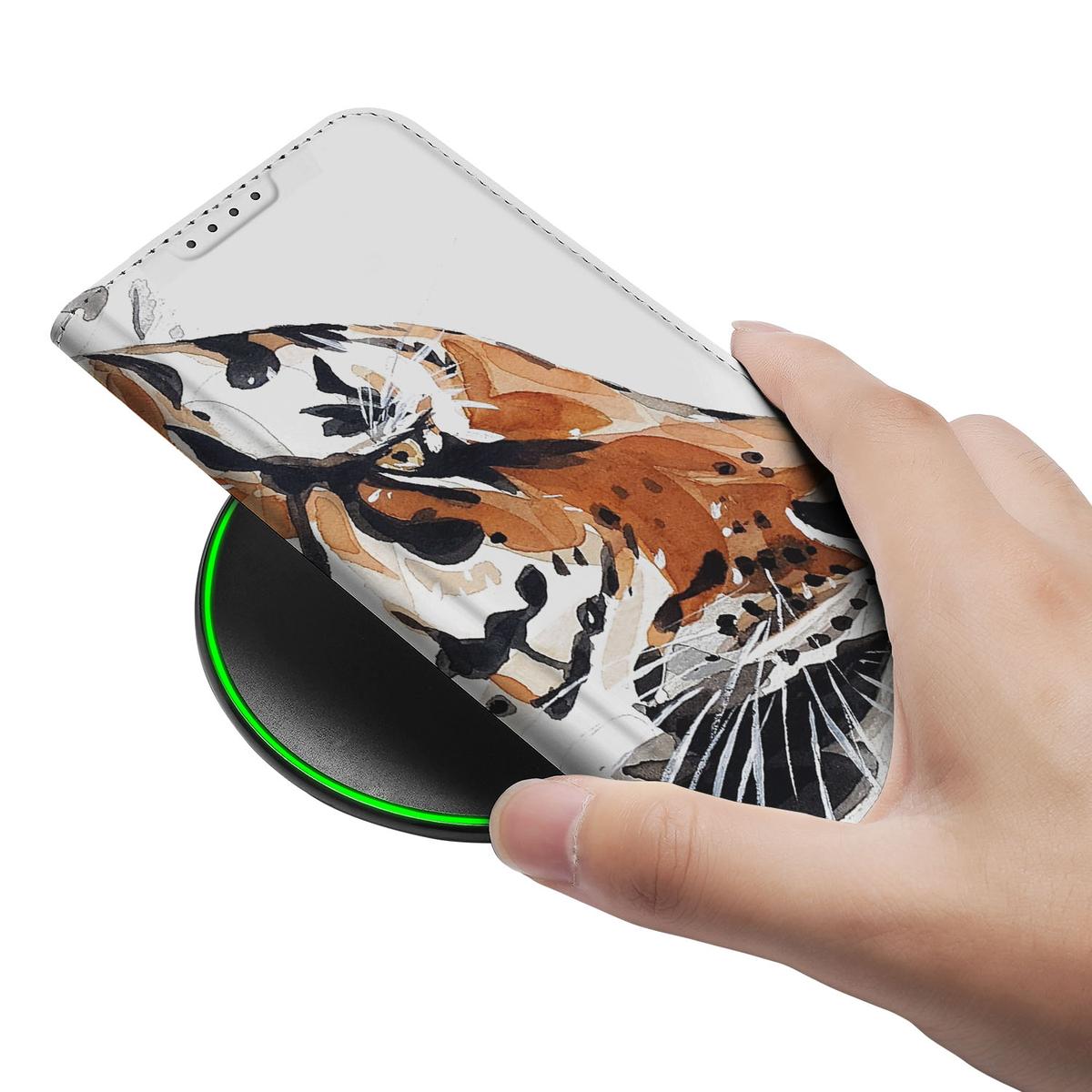 Bookcase voor Apple iPhone 16e Watercolor Tiger hand opladen wireless design